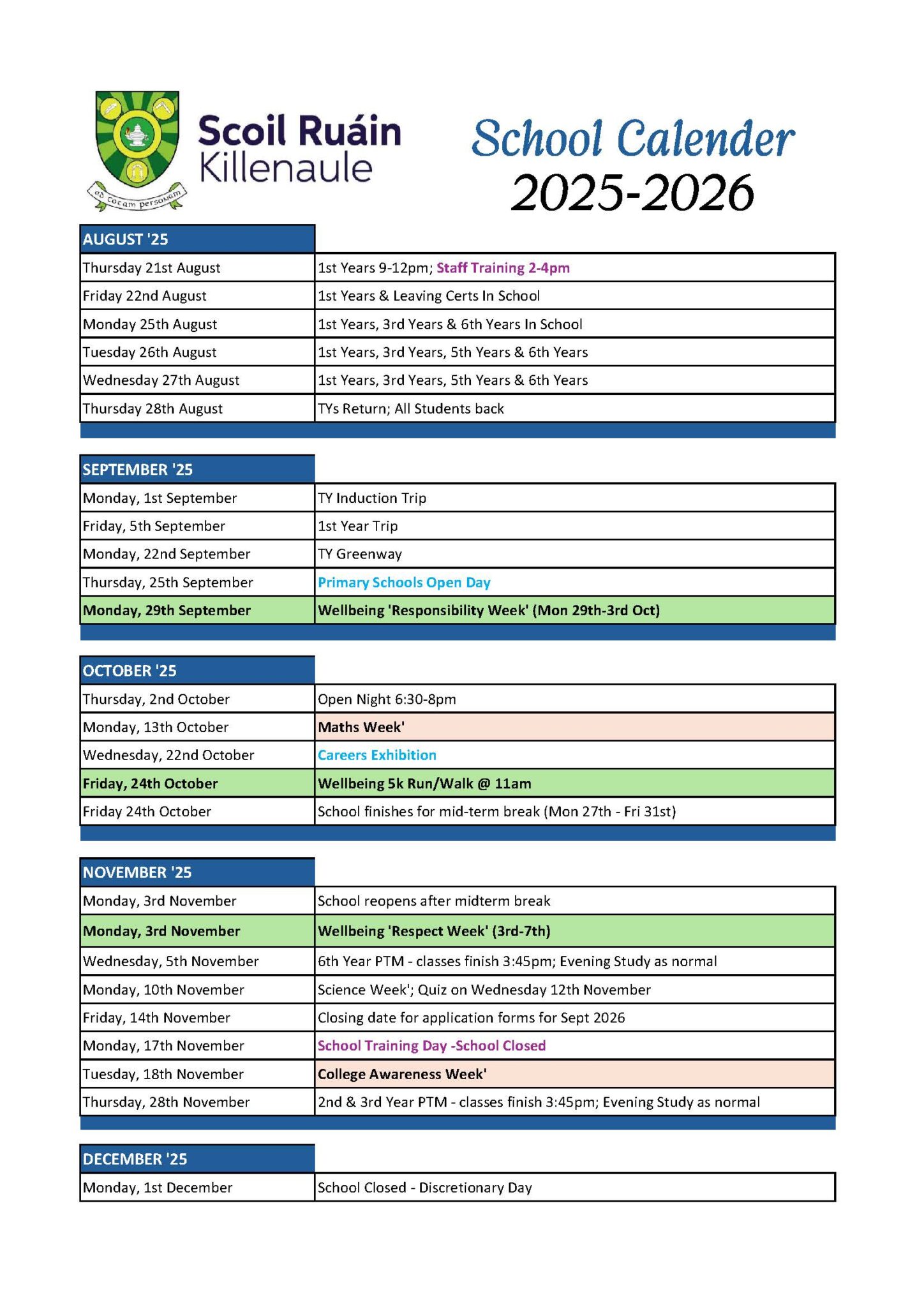 Scoil Ruáin Killenaule Calendar