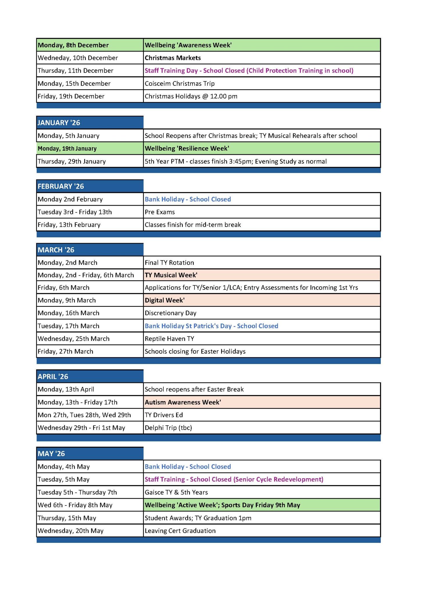 Scoil Ruáin Killenaule Calendar