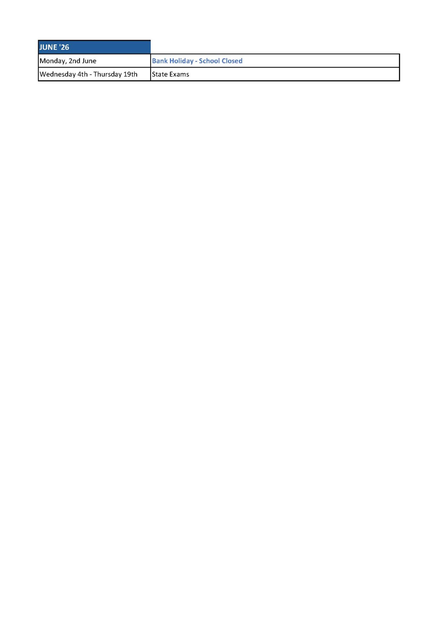 Scoil Ruáin Killenaule Calendar